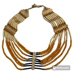 Tribal Wooden Orange Beads Multi Strand Statement Necklace Handmade Jewelry Boho